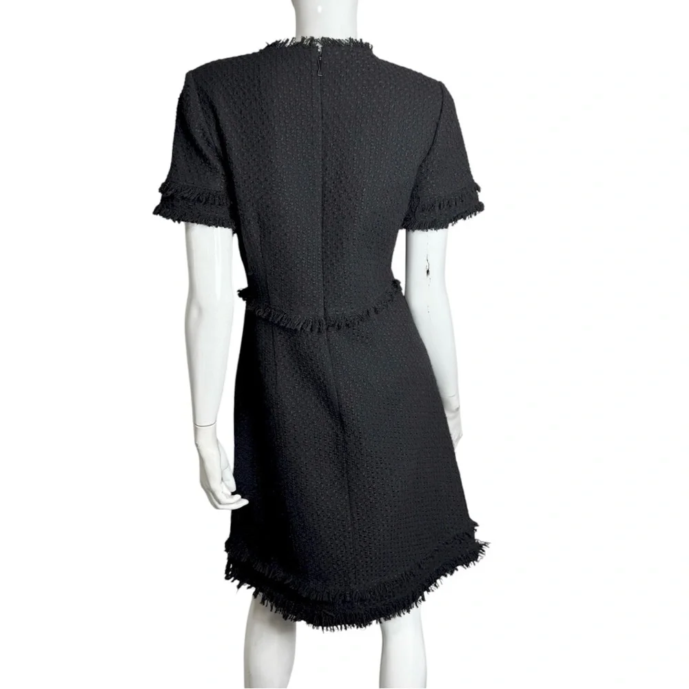 Kate Spade Black and Fringe Short Sleeve A-Line Tweed Midi Dress